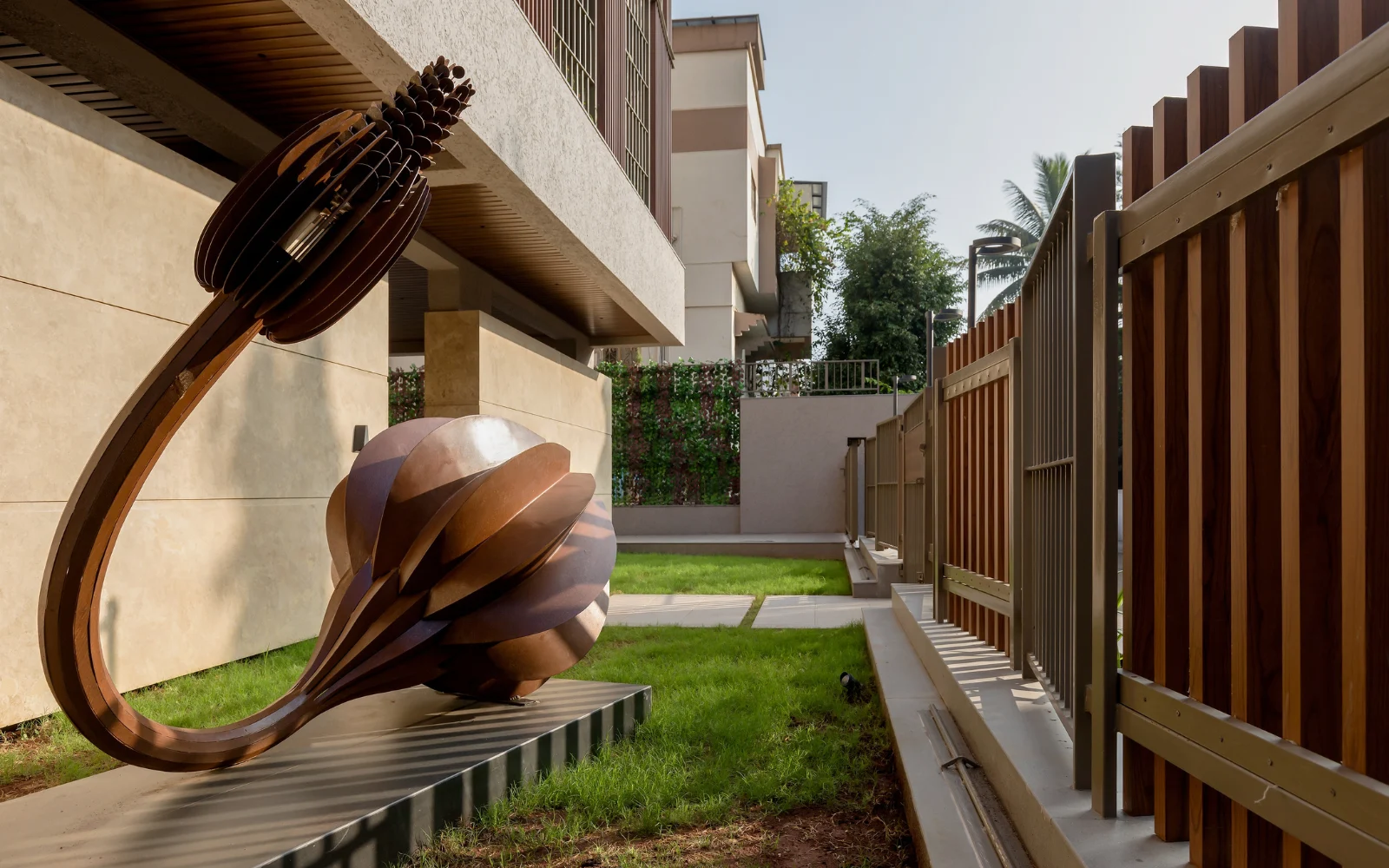 Corporate lobby sculpture by FormForge — architectural metal art for office, India
