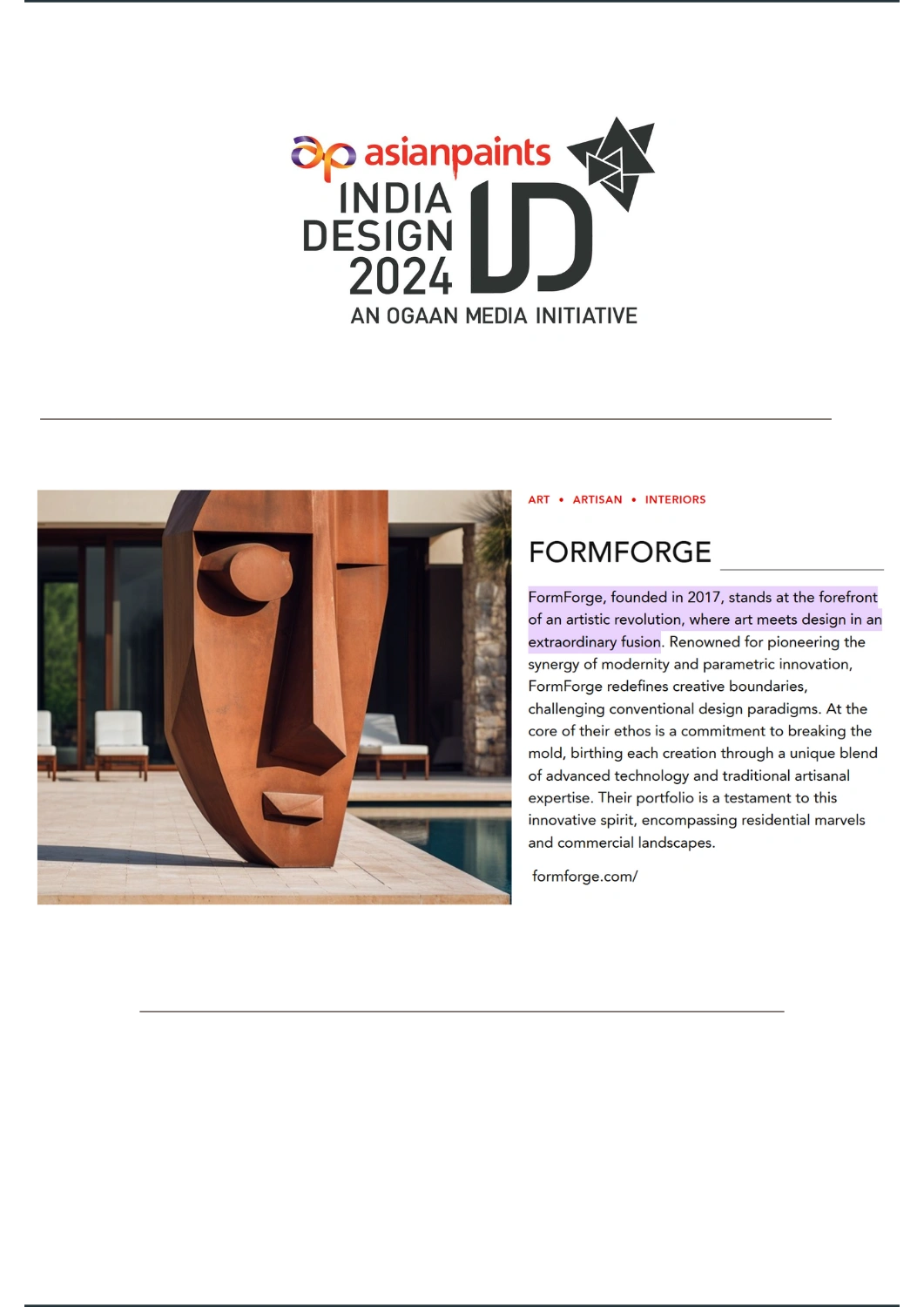 India Design ID publication featuring FormForge